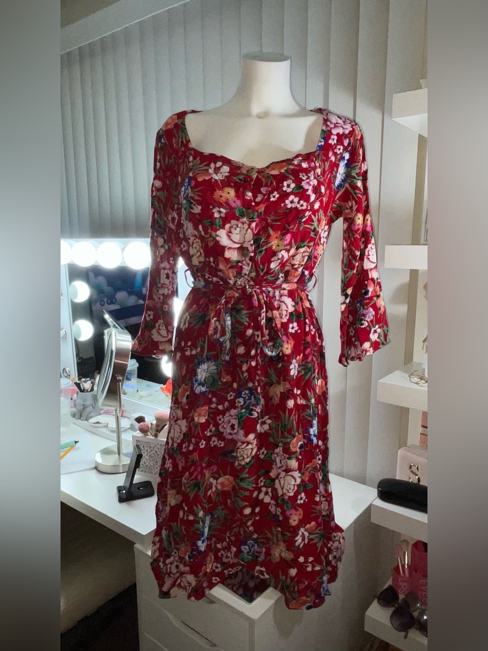 Kori Red Floral Tie-Waist Midi Dress